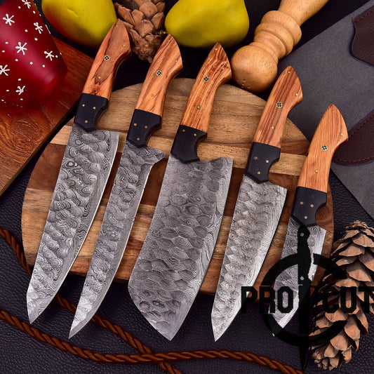Pro Cut Forge Heart Damascus Steel Chef Set - Olive Wood Handle