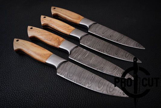 4 Pcs Handmade Damascus Steel Culinary Steak Knives Set with Olive Wood Handle