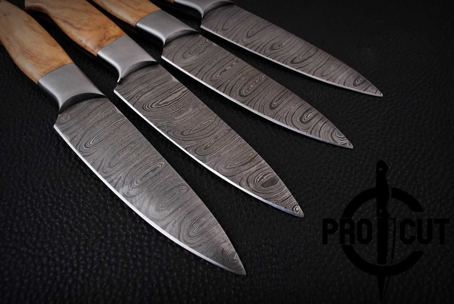 4 Pcs Handmade Damascus Steel Culinary Steak Knives Set with Olive Wood Handle