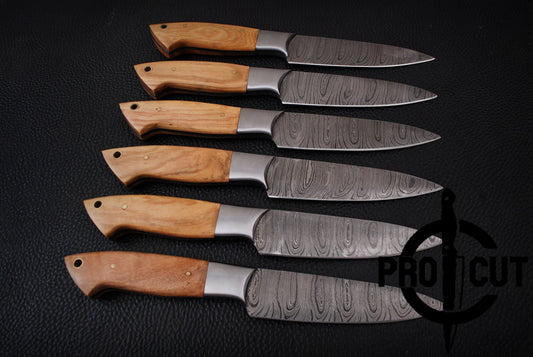 6 Pcs Handmade Damascus Steel Culinary Steak Knives Set with Olive Wood Handle