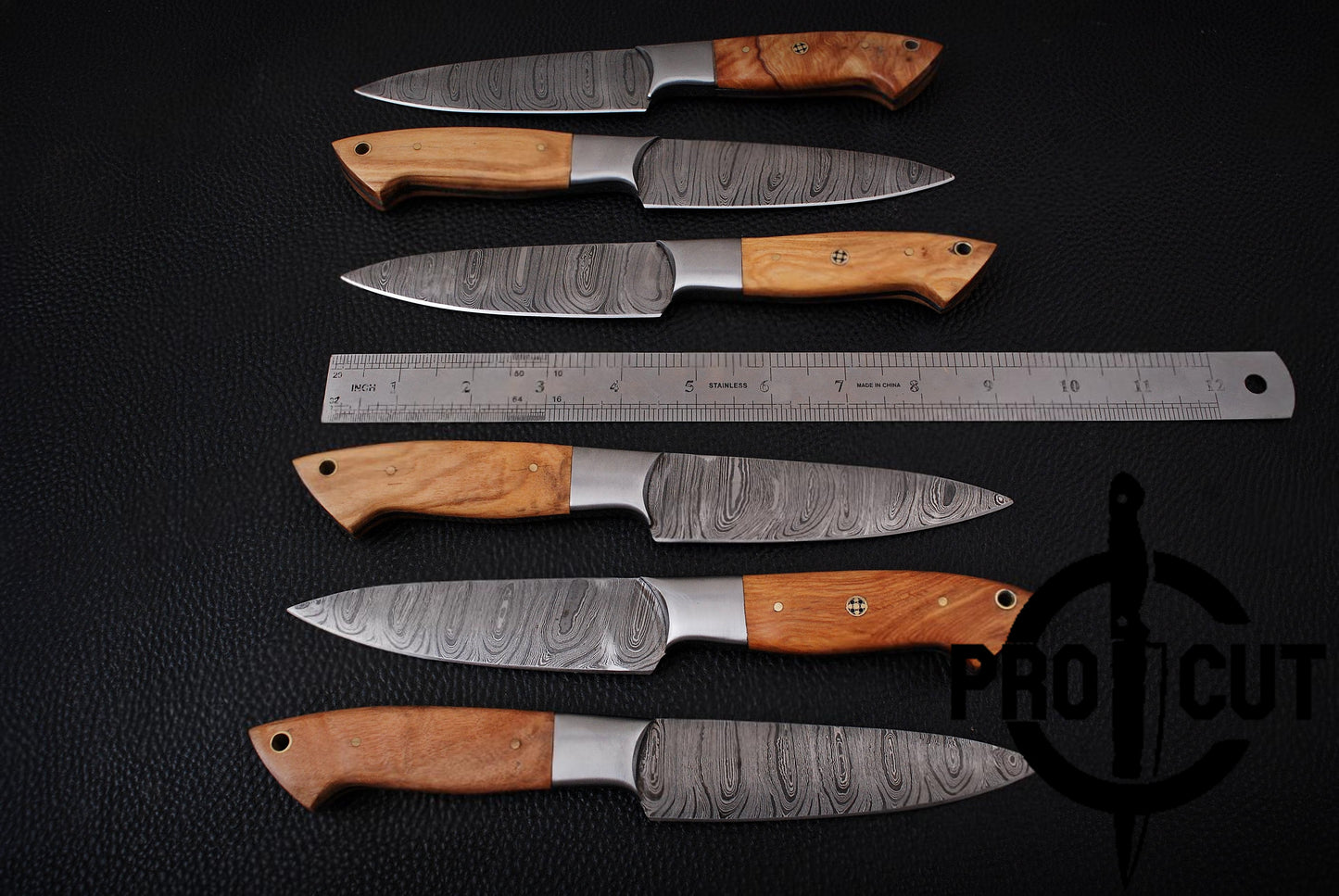 6 Pcs Handmade Damascus Steel Culinary Steak Knives Set with Olive Wood Handle