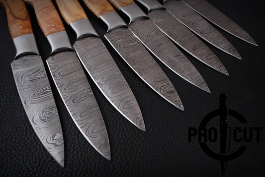 8 Pcs Handmade Damascus Steel Culinary Steak Knives Set with Olive Wood Handle