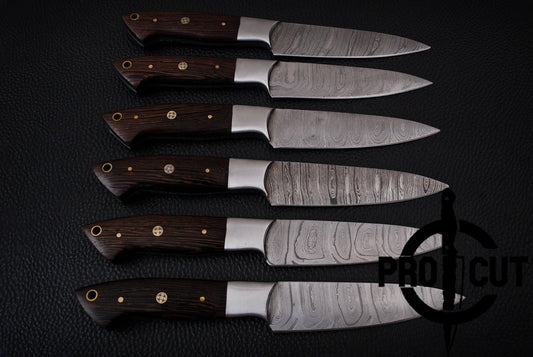 6 Pcs Hand Forged Damascus Steel Steak Knives with Wengee Wood Handle, Culinary Knives Set