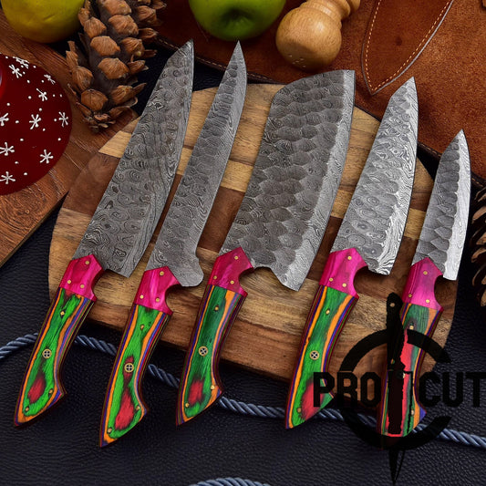 Pro Cut Forge Heart- Damascus Steel Chef Set with Rainbow Wood