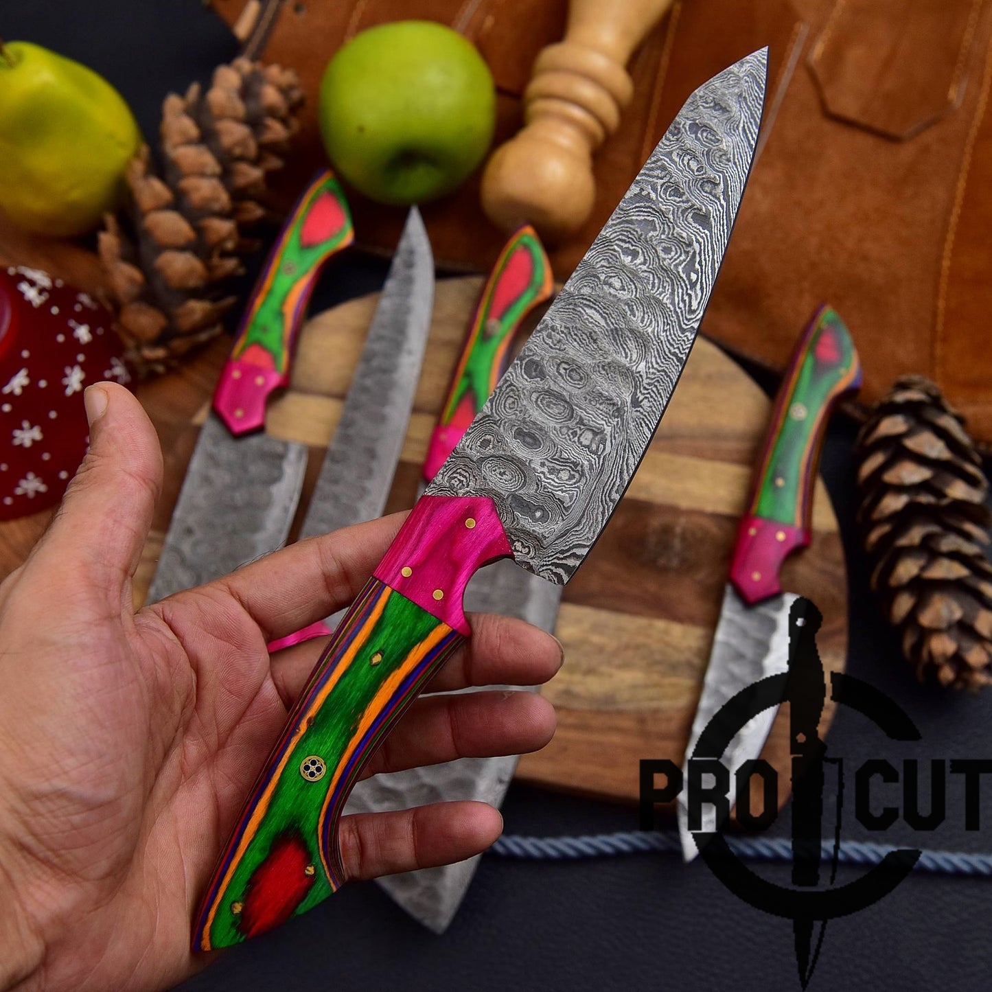 Pro Cut Forge Heart- Damascus Steel Chef Set with Rainbow Wood