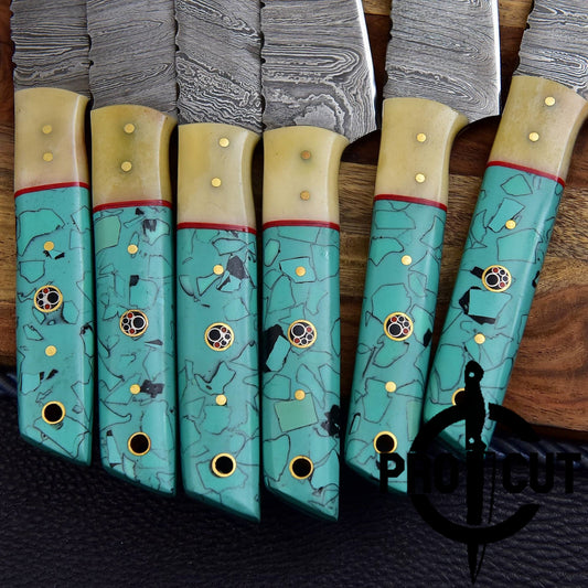 6 Pcs Hand Forged Damascus Steel Full Tang Culinary Steak Knives, Handmade BBQ Steak Knives