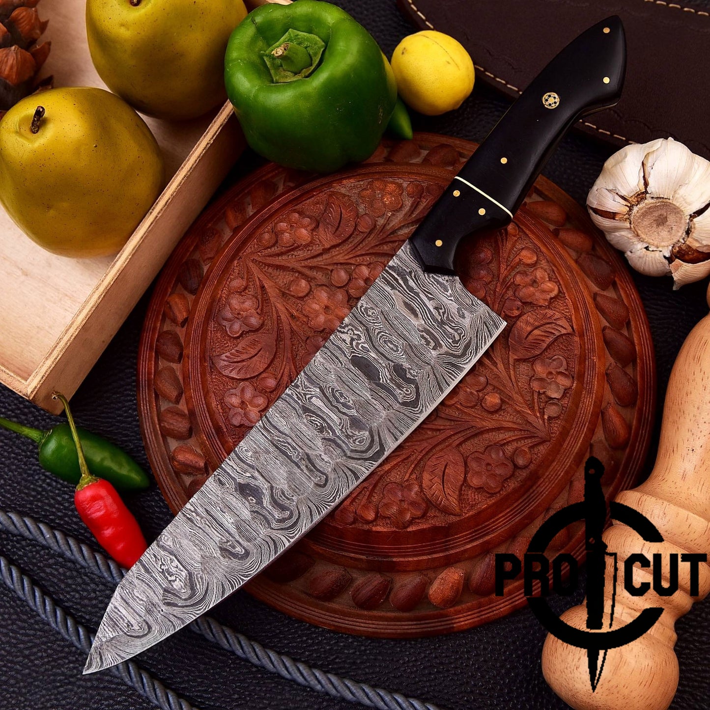 Pro Cut Hearth Steel - Damascus Steel Professional Kitchen Chef Knife with Rosewood Handle