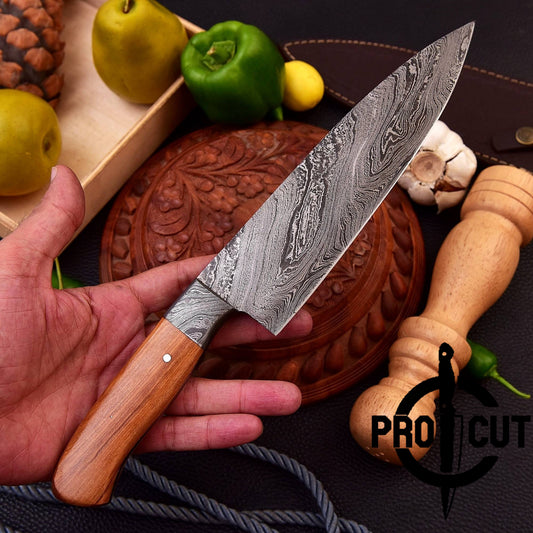 Pro Cut Full Tang Damascus Steel Handmade Kitchen Knife with Olive Wood Handle