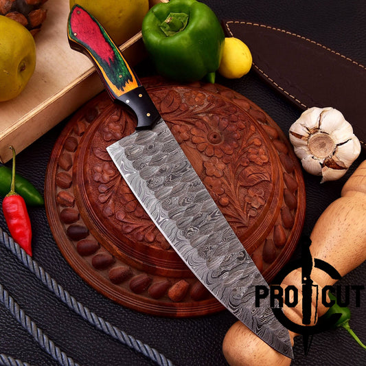 Pro Cut Hearth Steel - Handmade Damascus Steel Full Tang Chef Knife with Rainbow Wood Handle