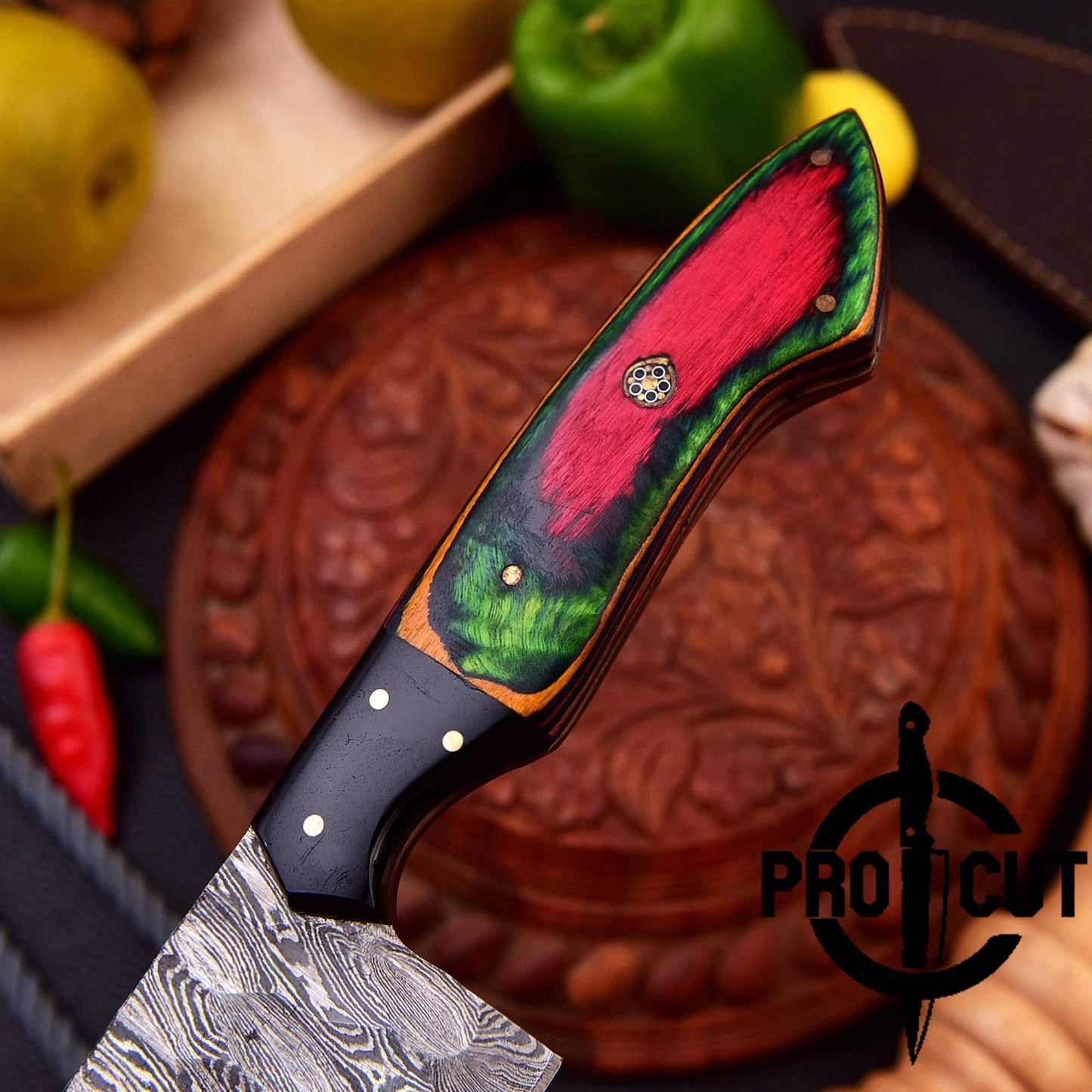 Pro Cut Hearth Steel - Handmade Damascus Steel Full Tang Chef Knife with Rainbow Wood Handle