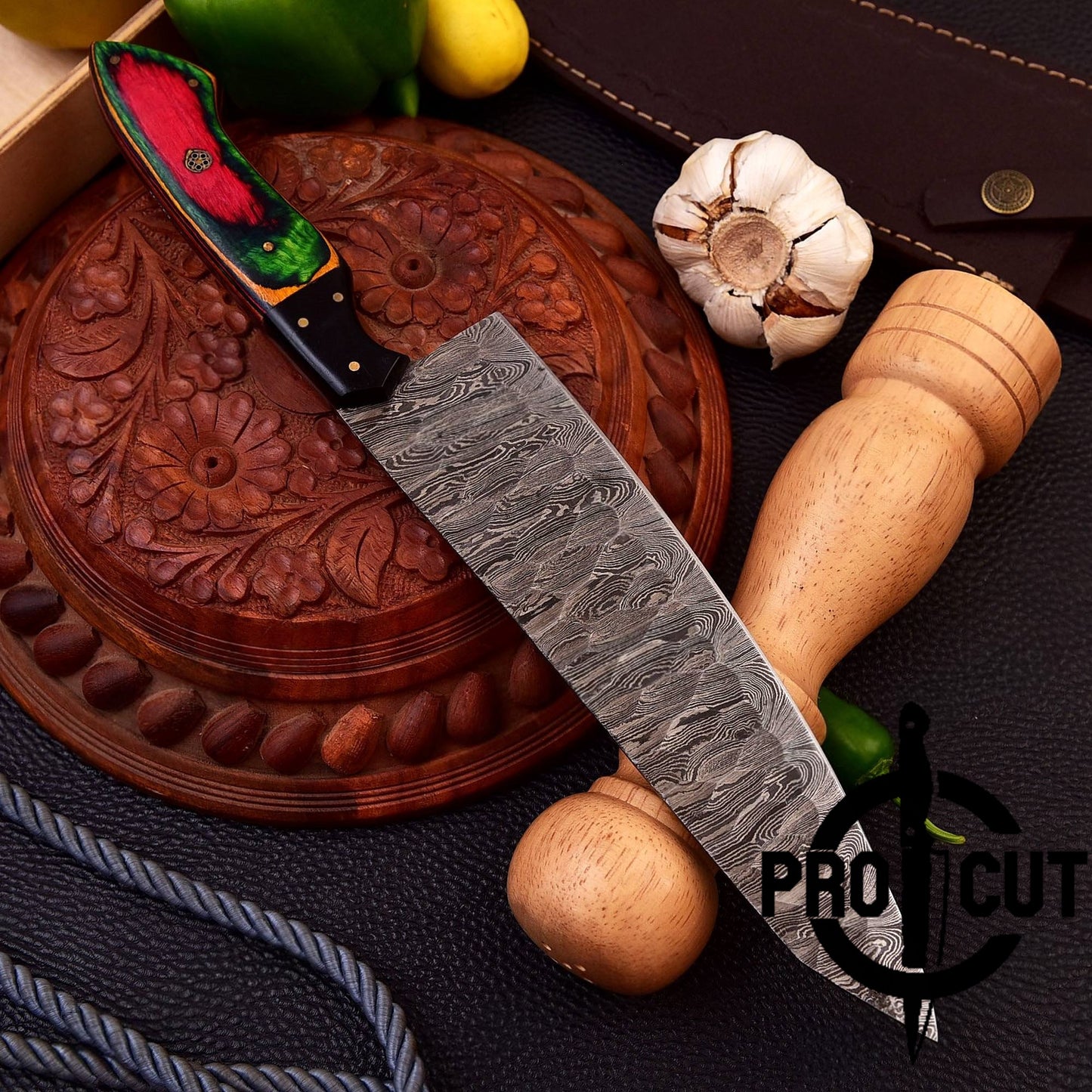 Pro Cut Hearth Steel - Handmade Damascus Steel Full Tang Chef Knife with Rainbow Wood Handle