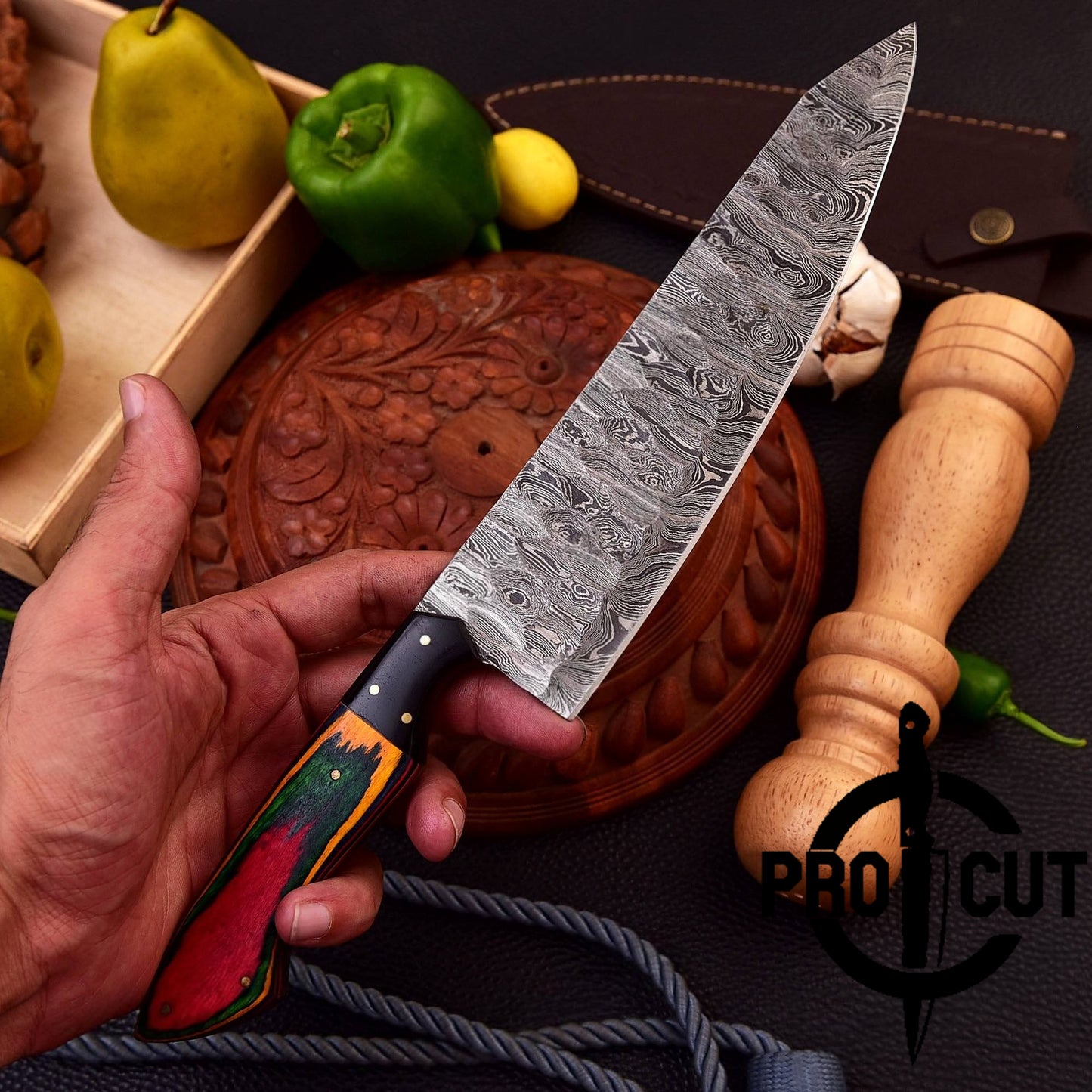 Pro Cut Hearth Steel - Handmade Damascus Steel Full Tang Chef Knife with Rainbow Wood Handle