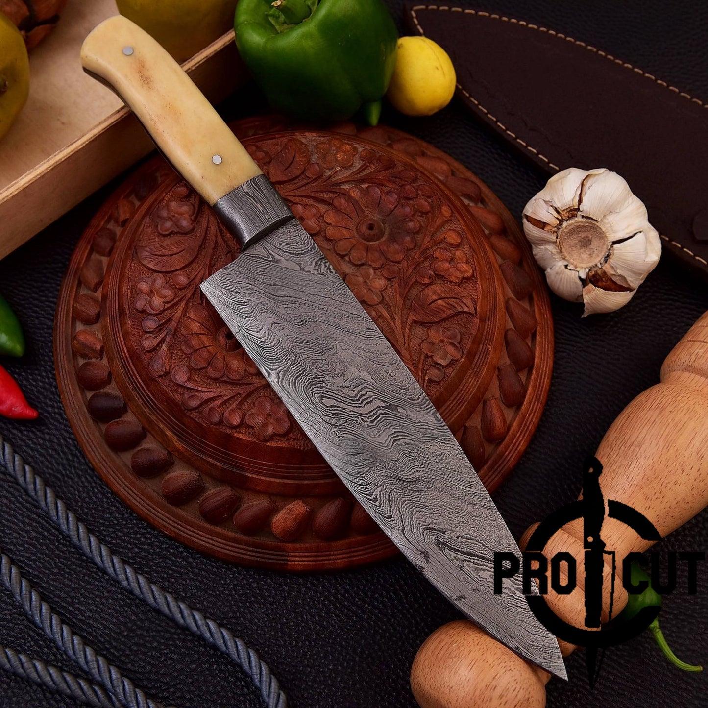 Pro Cut Damascus Steel Hand Forged Full Tang Chef Knife with Camel Bone Handle