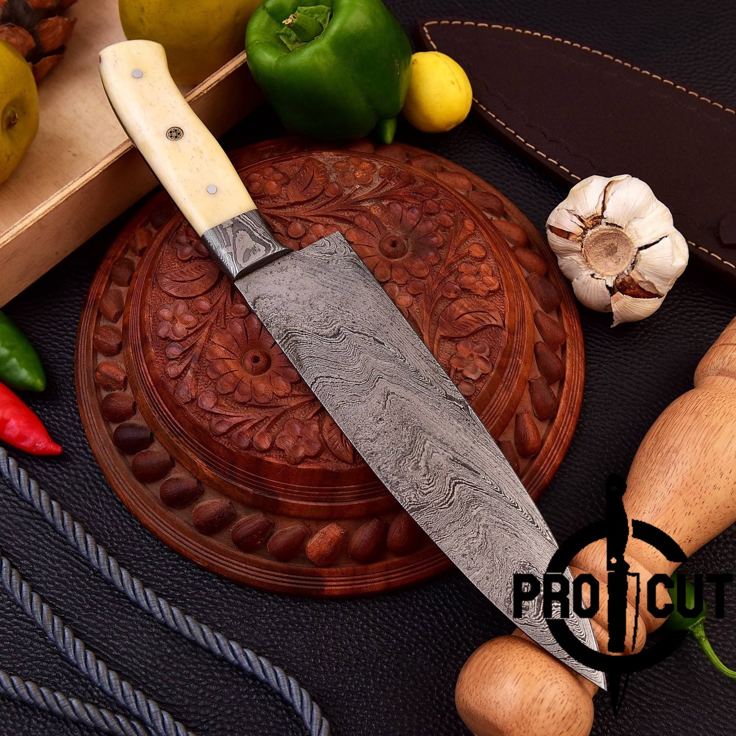 Pro Cut Damascus Steel Hand Forged Full Tang Chef Knife with Camel Bone Handle