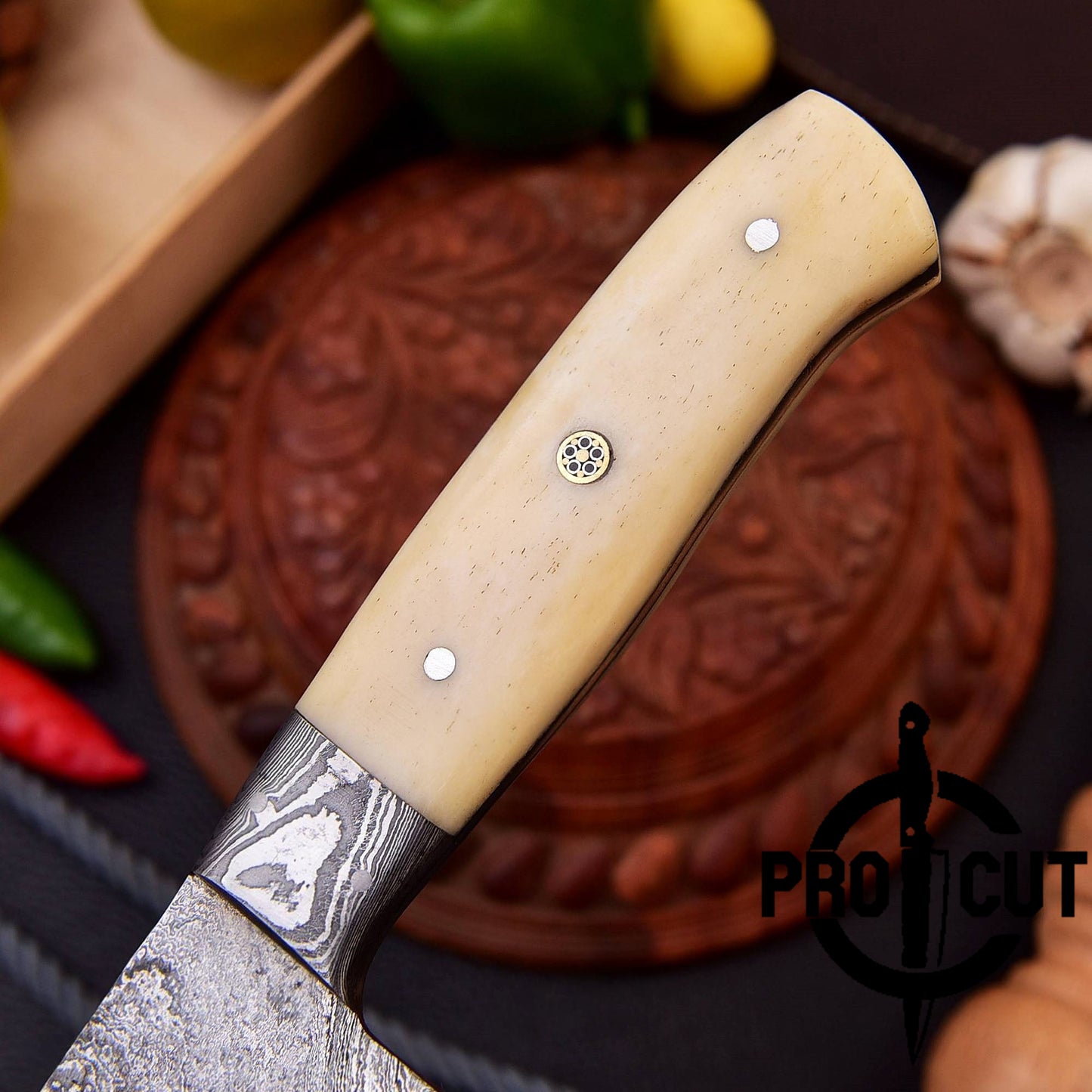 Pro Cut Damascus Steel Hand Forged Full Tang Chef Knife with Camel Bone Handle