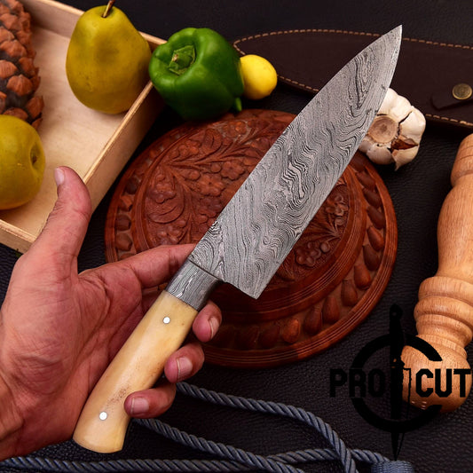 Pro Cut Damascus Steel Hand Forged Full Tang Chef Knife with Camel Bone Handle