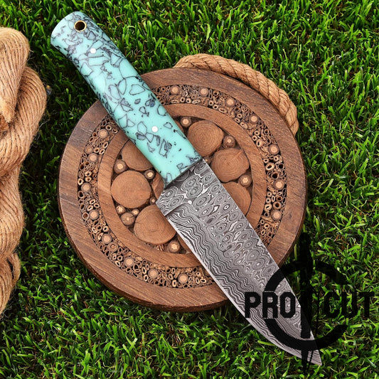 Pro Cut Ironwood Guardian - Damascus Steel Drop Point Fixed Blade Hunting Knife with Turquoise Resin Handle