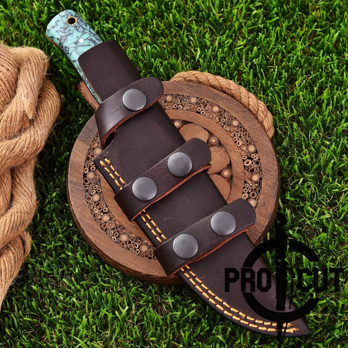 Pro Cut Ironwood Guardian - Damascus Steel Drop Point Fixed Blade Hunting Knife with Turquoise Resin Handle