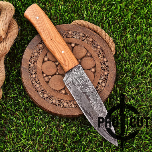 Pro Cut Ironwood Guardian - Handmade Damascus Steel Fixed Blade Drop Point Hunting Knife with Olive Burl Handle