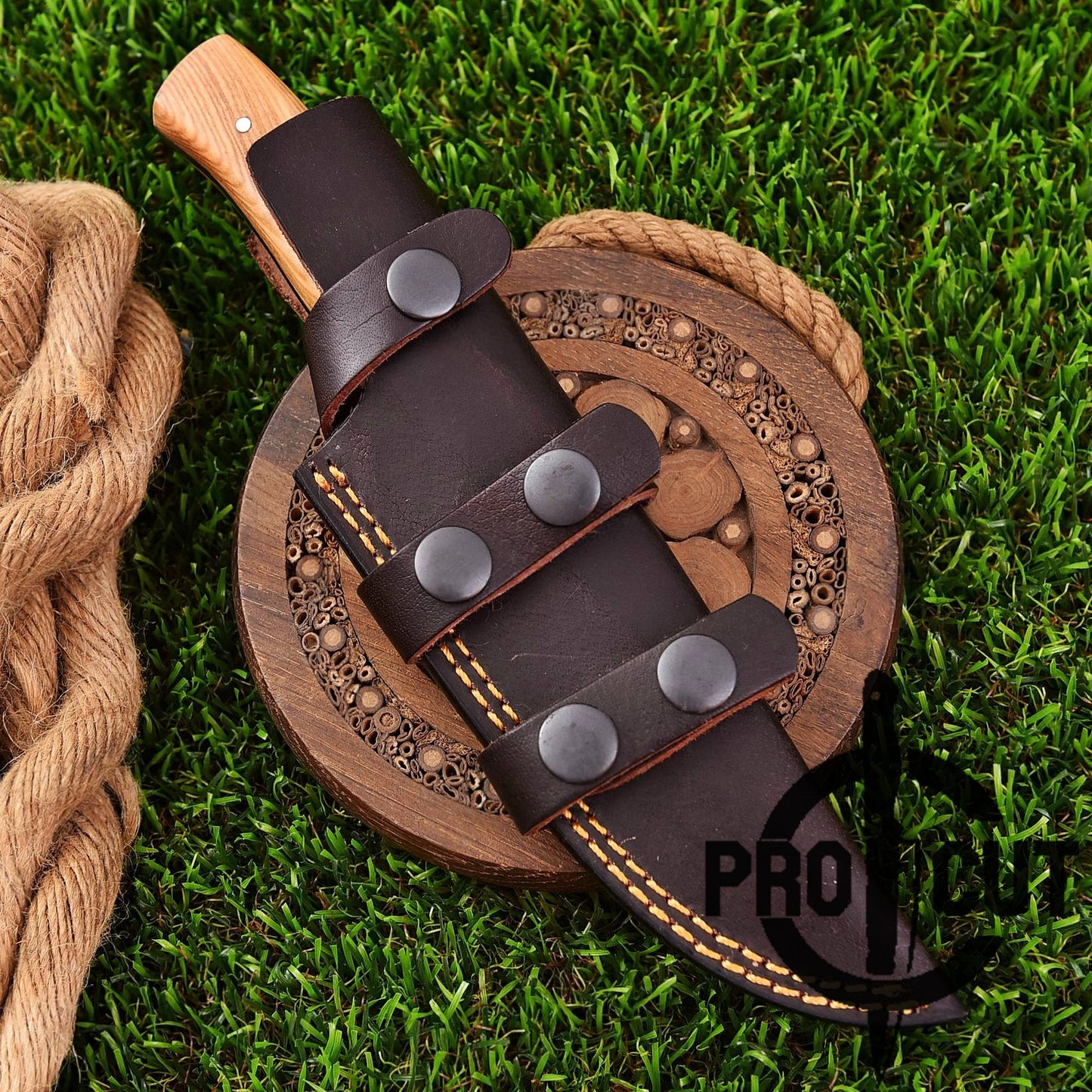 Pro Cut Ironwood Guardian - Handmade Damascus Steel Fixed Blade Drop Point Hunting Knife with Olive Burl Handle