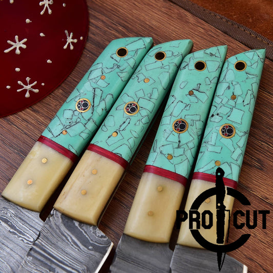 4 Pcs Hand Forged Damascus Steel Culinary Knives Set, Handmade BBQ Steak Knives