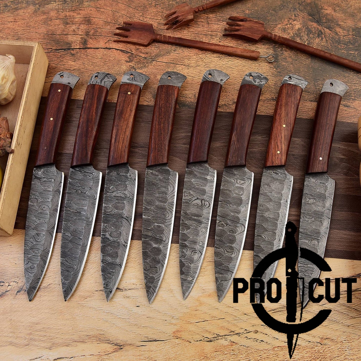Pro Cut Steel Root - Hand Forged Damascus Steel Full Tang Culinary Steak Knife with Rosewood Handle