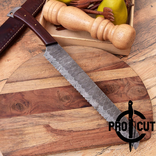 Pro Cut Hand Forged Damascus Steel Full Tang Bread Knife with Rosewood Handle