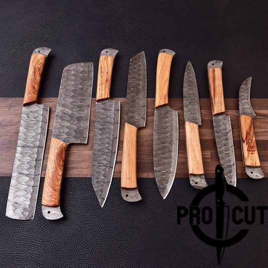 Pro Cut Damascus Empror - 8 Pcs Damascus Steel Full Tang Chef Set with Ergonomic Handle