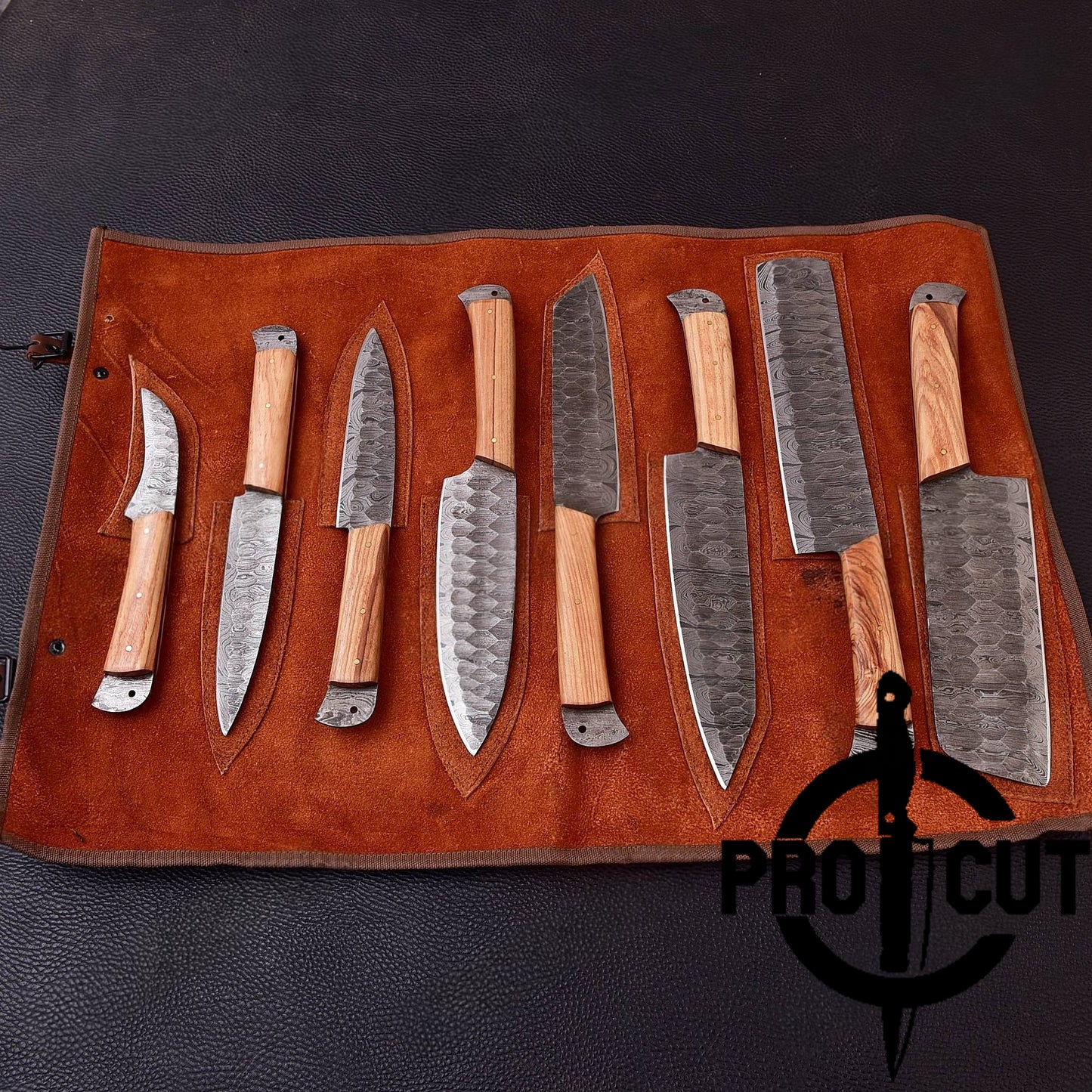 Pro Cut Damascus Empror - 8 Pcs Damascus Steel Full Tang Chef Set with Ergonomic Handle