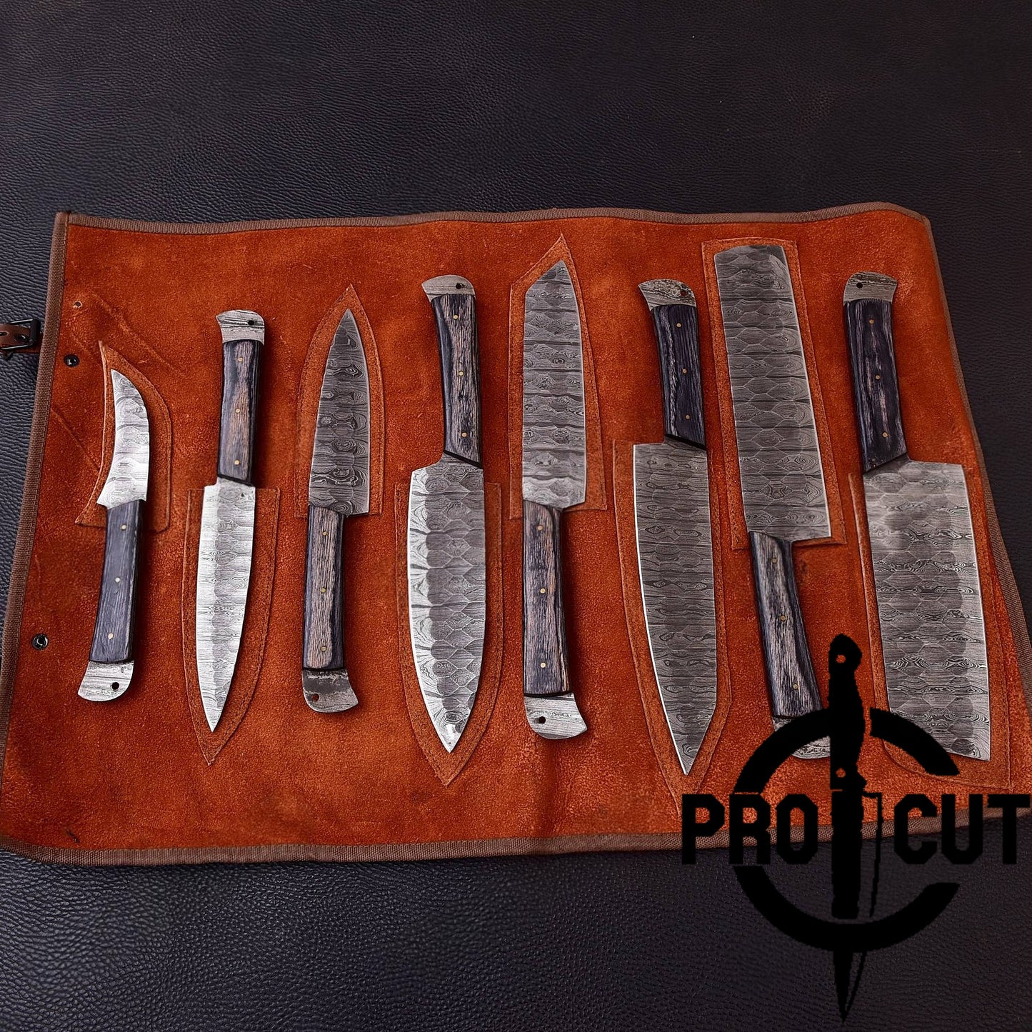 Pro Cut Damascus Empror - Handmade Damascus Steel 8 Pcs Chef Set with Leather Bag