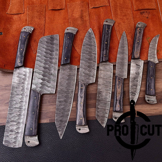 Pro Cut Damascus Empror - Handmade Damascus Steel 8 Pcs Chef Set with Leather Bag