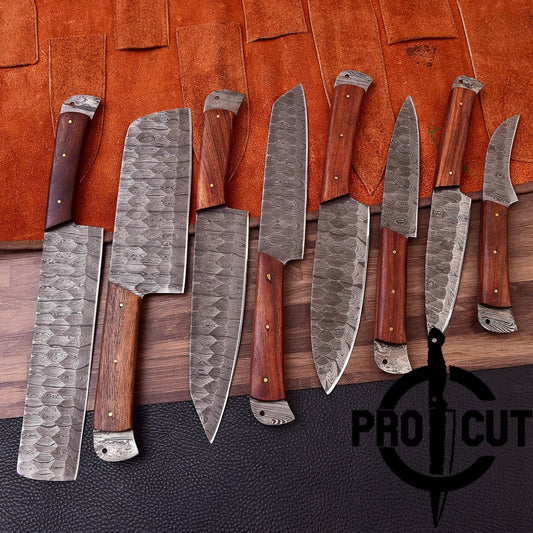 Pro Cut Damascus Empror - Premium Handmade Damascus Steel 8 Pcs Chef Set with Rosewood Handle