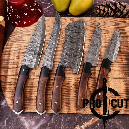 Set of five Damascus steel kitchen knives with wooden handles on a wooden cutting board, branded 'Pro Cut'.