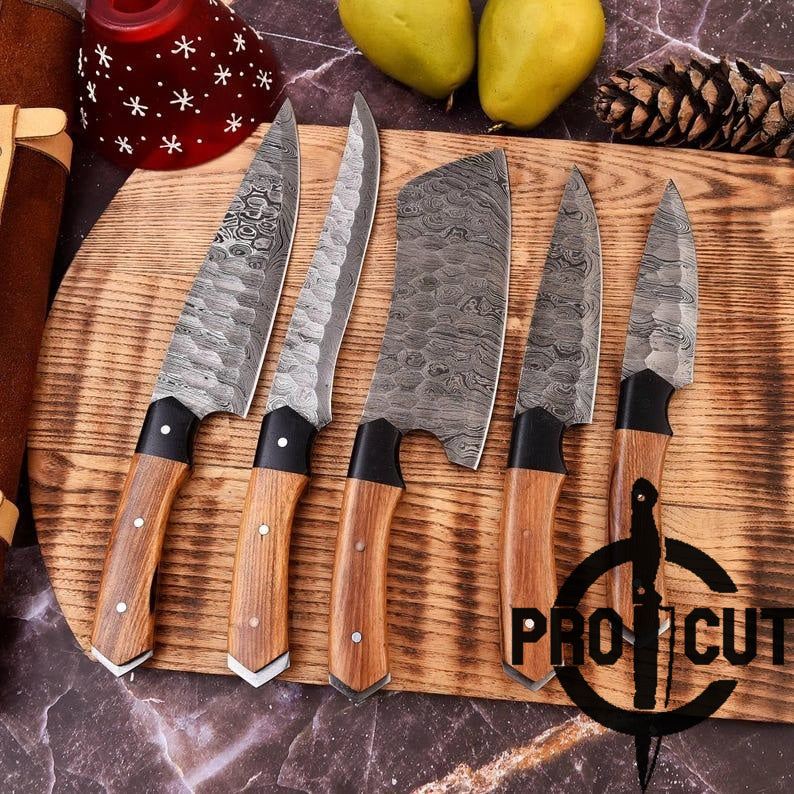 Pro Cut Ravenfold Edge - Damascus Steel Kitchen Knife Set with Olive Wood Handle