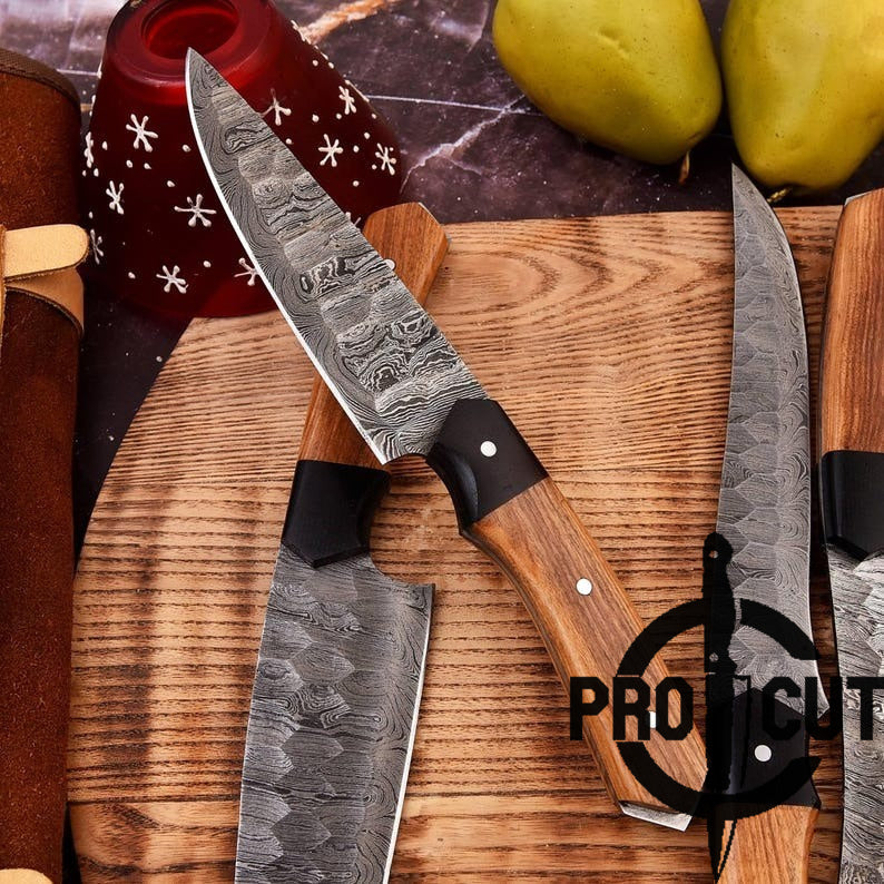 Pro Cut Ravenfold Edge - Damascus Steel Kitchen Knife Set with Olive Wood Handle