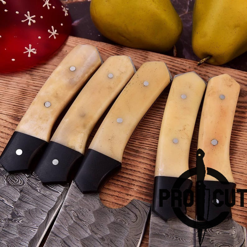 Pro Cut Ravenfold Edge - Damascus Steel Kitchen Knife Set with Camel Bone Handle