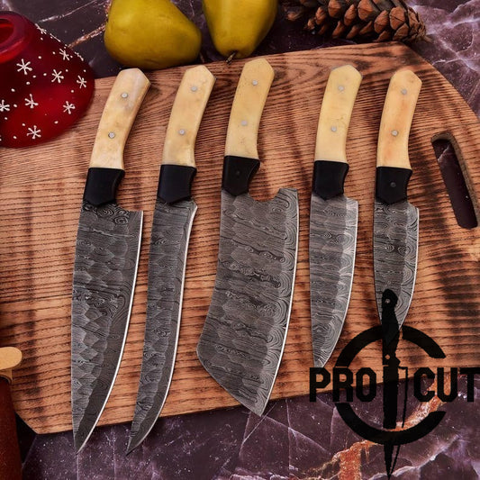 Pro Cut Ravenfold Edge - Damascus Steel Kitchen Knife Set with Camel Bone Handle