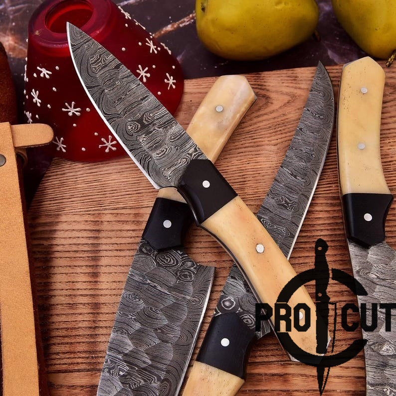 Pro Cut Ravenfold Edge - Damascus Steel Kitchen Knife Set with Camel Bone Handle