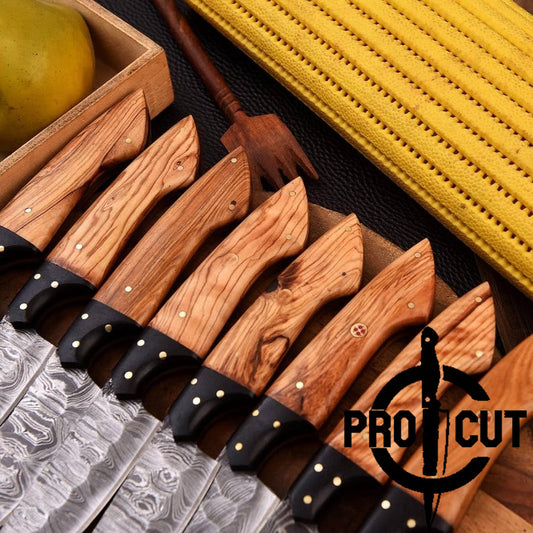 Pro Cut Forge Core - Handmade Damascus Steel Culinary Steak Knives Set with Olive Burl Handle
