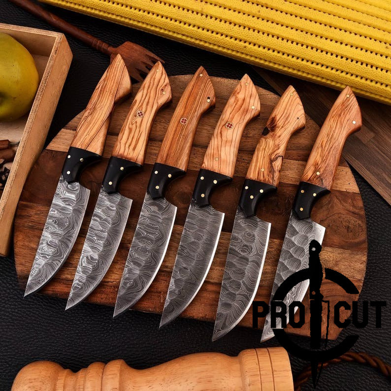 Pro Cut Forge Core - Handmade Damascus Steel Culinary Steak Knives Set with Olive Burl Handle