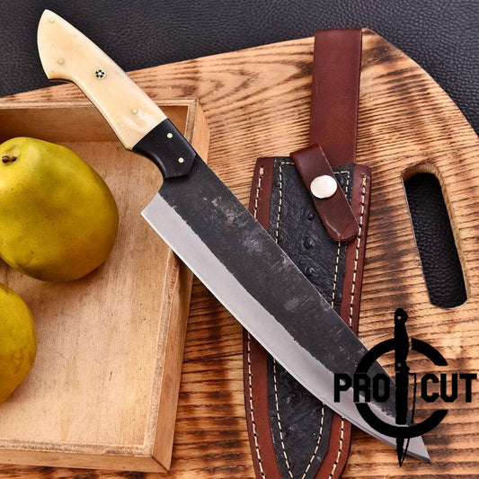 Pro Cut Forge Born - Handmade D2 Steel Chef Knife with Camel Bone Handle