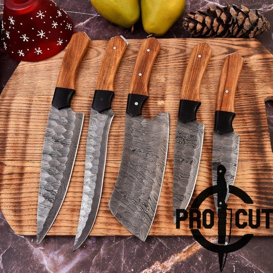 Pro Cut Ravenfold Edge - Damascus Steel Kitchen Knife Set with Olive Wood Handle