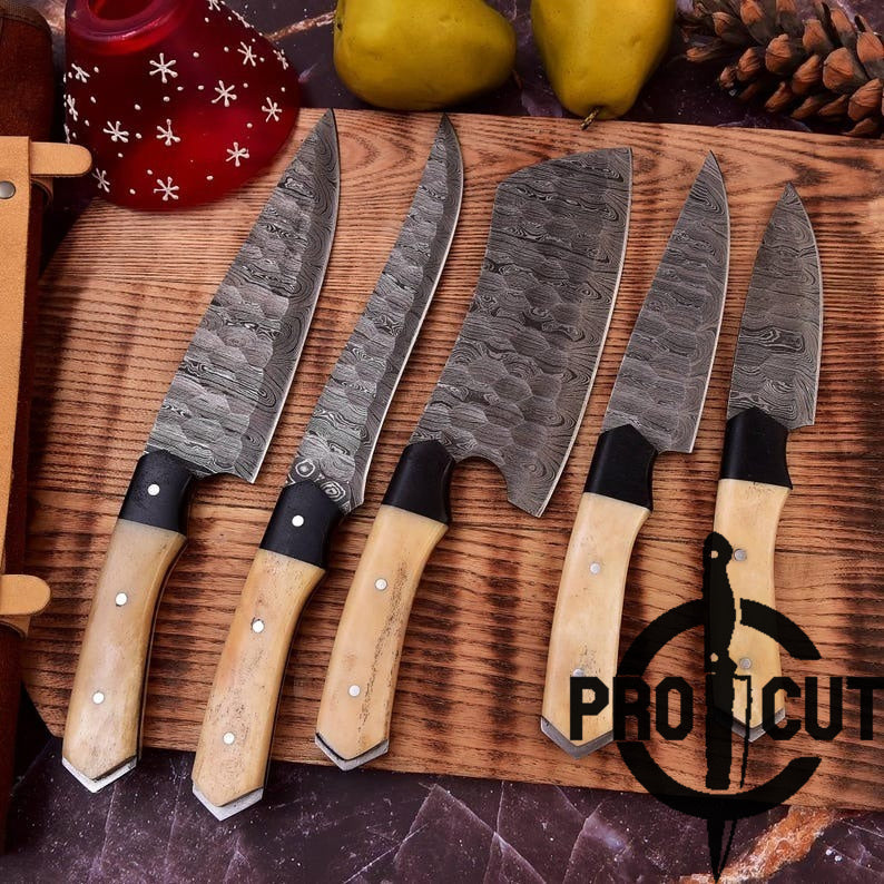 Pro Cut Ravenfold Edge - Damascus Steel Kitchen Knife Set with Camel Bone Handle