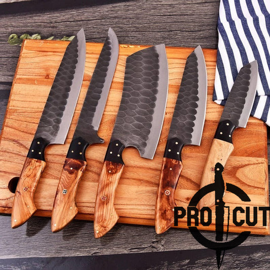 Pro Cut Ripple Guardian - Handmade Stainless Steel Chef Set with Olive Burl Handle