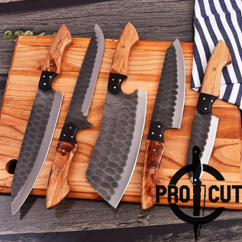 Pro Cut Ripple Guardian - Handmade Stainless Steel Chef Set with Olive Burl Handle