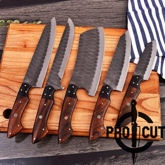 Pro Cut Ripple Guardian - Handmade Stainless Steel Chef Set with Rosewood Handle