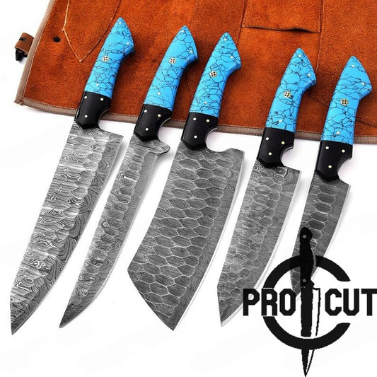 Set of knives with blue handles and damascus steel blades on a white background, featuring the Pro Cut logo.