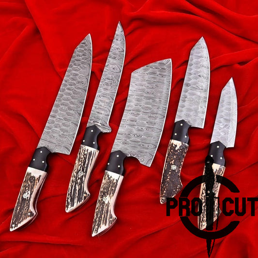Pro Cut Forge Heart - Damascus Steel Chef Set with Stag Horn Handle