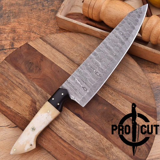 Pro Cut Hearth Steel - Damascus Steel Handmade Kitchen Chef Knife with Camel Bone Handle