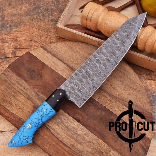 Pro Cut Hearth Steel - Damascus Steel Chef Knife With Turquoise Stone Handle